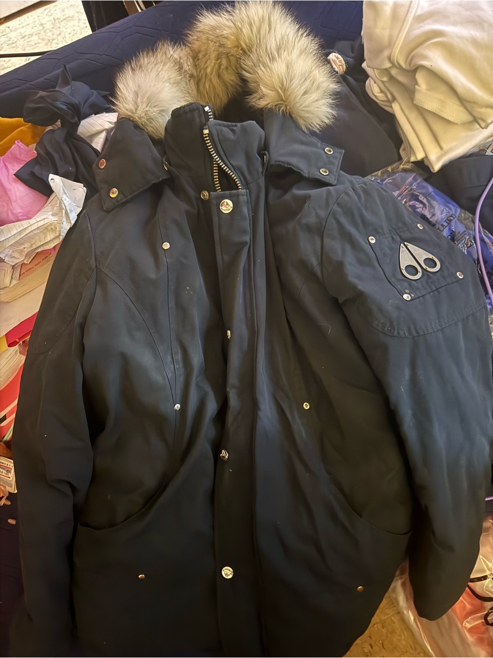 Moose Knuckles Boys Black Puffer Jacket with Fur-Trim Hood